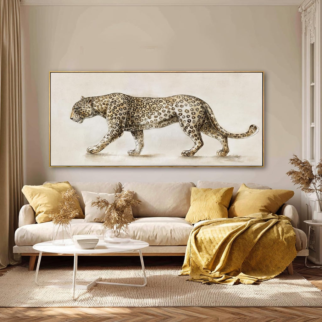 Leopard Canvas Wall Art, Neutral Animal Framed Artwork, Extra Wide Horizontal Wall Decor, Large 32×70 Inch Art for Living Room Bedroom Over Sofa