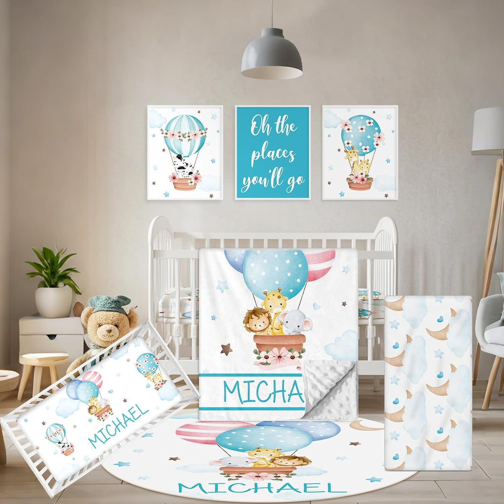 Terwex Personalized Baby Bedding Set, 5 Pcs Custom Toddlers Bedding Set with Infant Name, Double Layer Nursery Crib Set for Boys Girls, Customized Gifts for Infants Baby Shower, Hot Air Balloon Animal