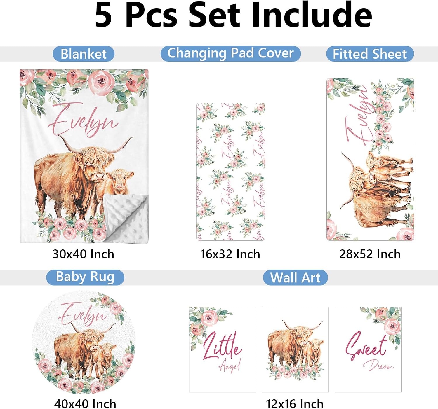 KAINSY Custom Crib Bedding Set 5 Piece for Girls Boys – Personalized Floral Highland Cow Theme, Newborn Sleep Set, Toddler Nursery Decor, Infant Sleep, Baby Room Accessories