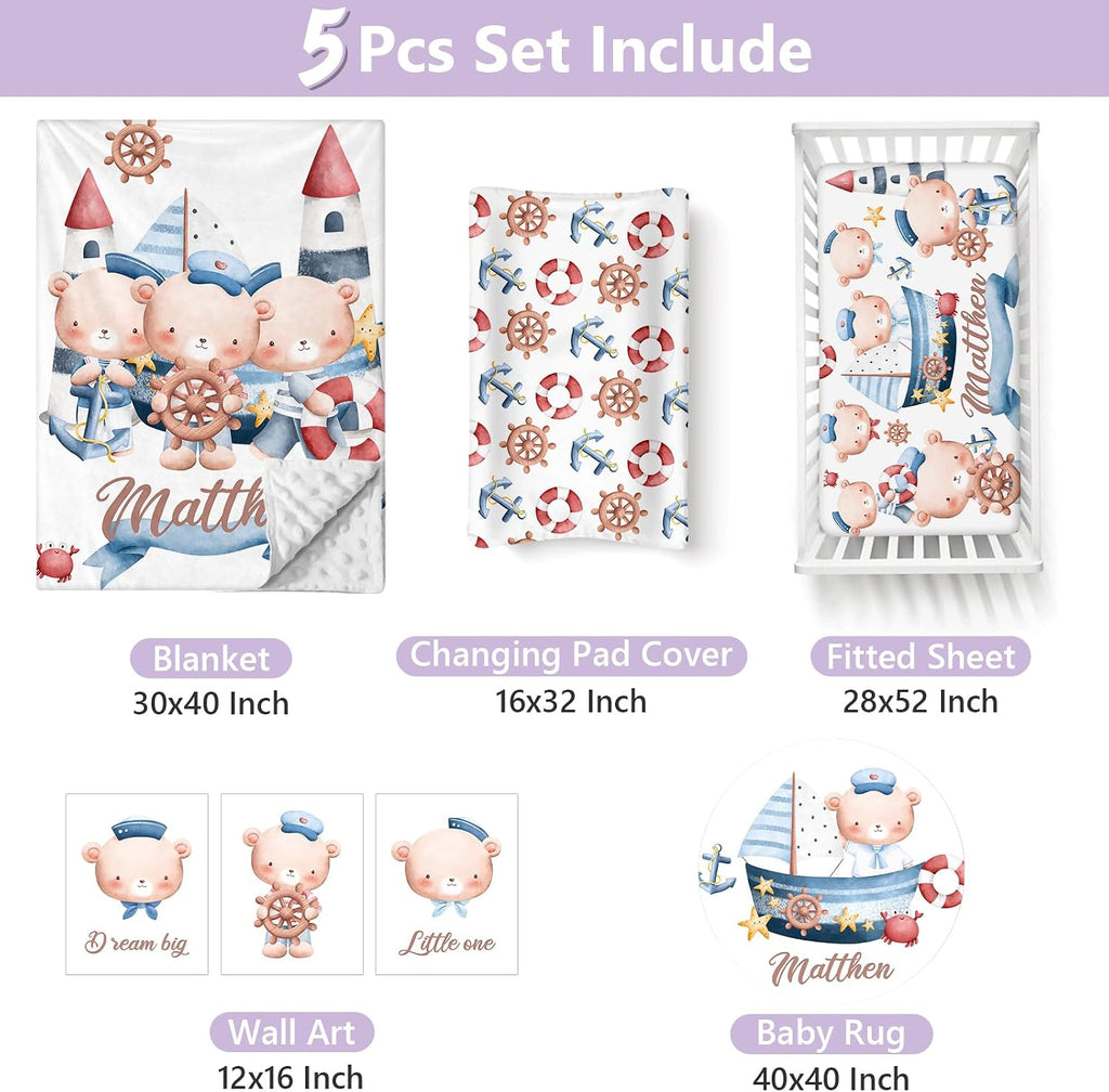 Custom Baby Crib Bedding Set, 5 PCS Personalized Name Baby Crib Sets for Girls Boys, Sailor Bear Theme Nursery Bedding Sets for Infant Toddler, Double Layer Flannel Bed Set Customized Gifts