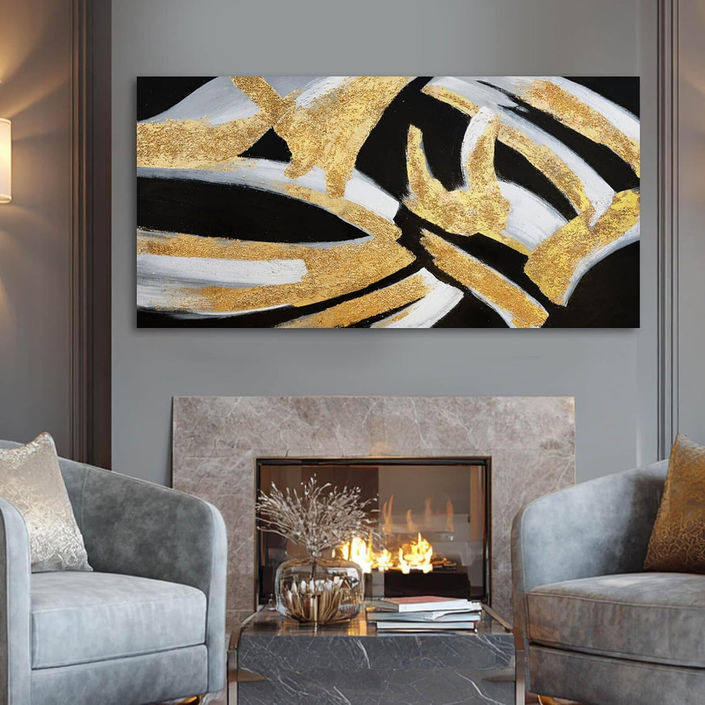 Kureful Line Wall Decor Black and Gold Canvas Art Large Dining Room Wall Pictures 29'x58' Wall Decorations for Living Room Textured Artwork