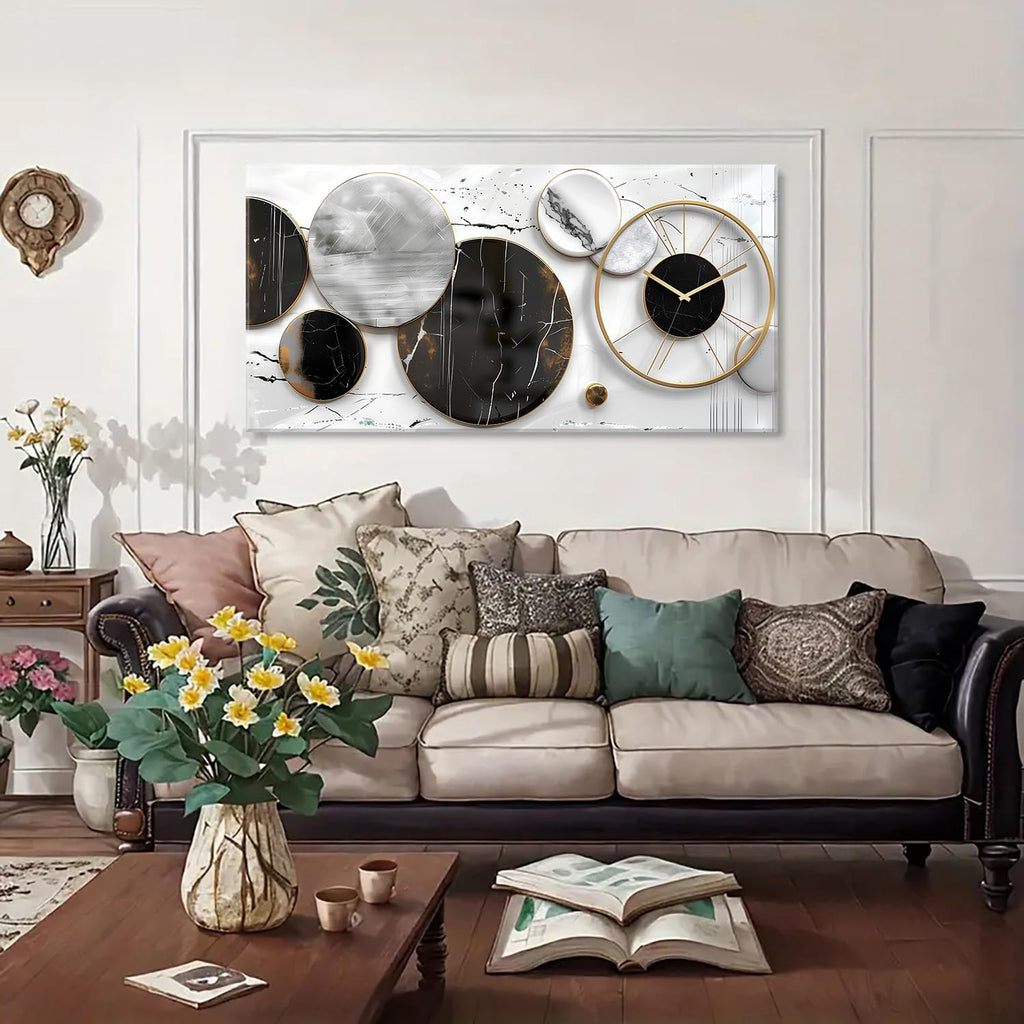 Modern Abstract Canvas Wall Art for Living Room Home Office Decor Black and White Gray Picture for Wall Decor Geometric Texture Marble Painting Clocks Prints Poster Artwork Decorations 24x48'