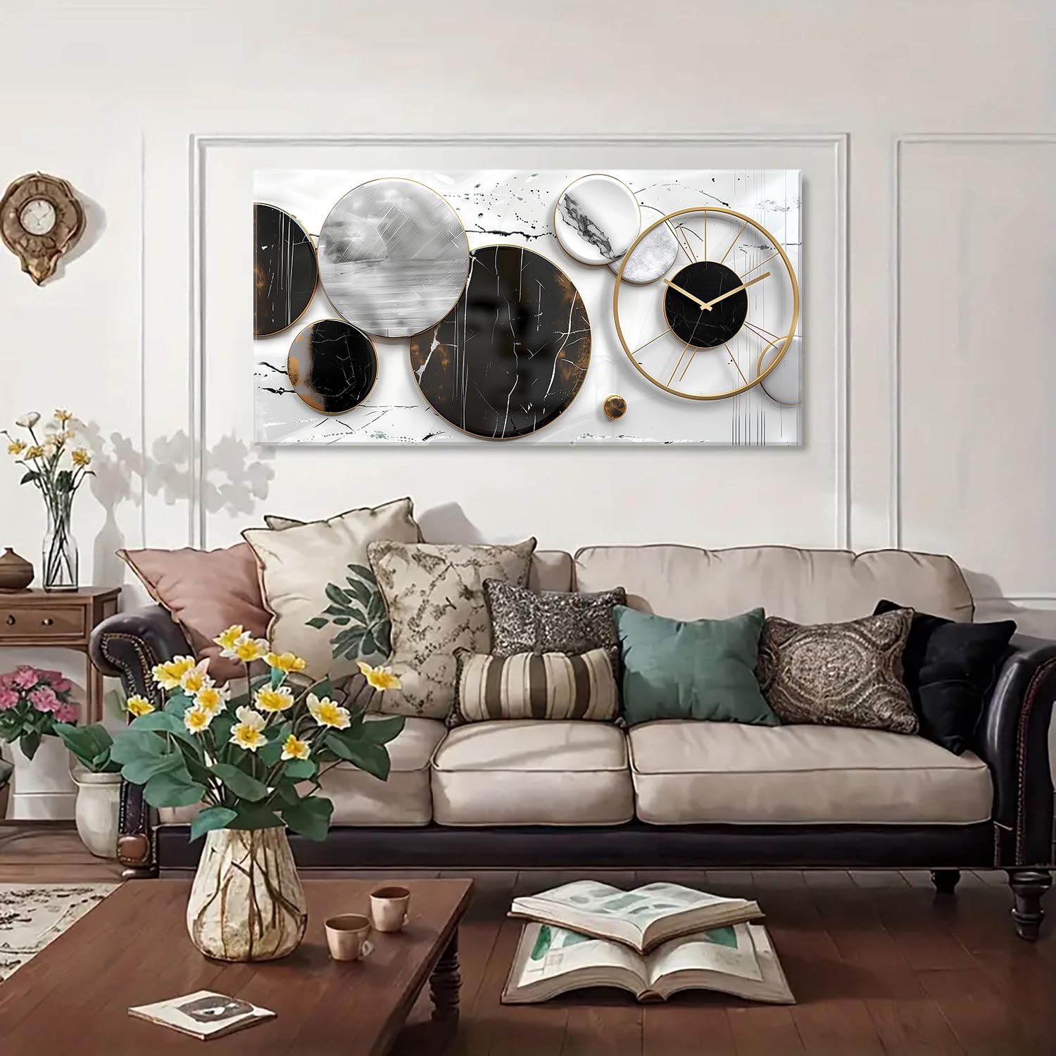 Modern Abstract Canvas Wall Art for Living Room Home Office Decor Black and White Gray Picture for Wall Decor Geometric Texture Marble Painting Clocks Prints Poster Artwork Decorations 24x48'