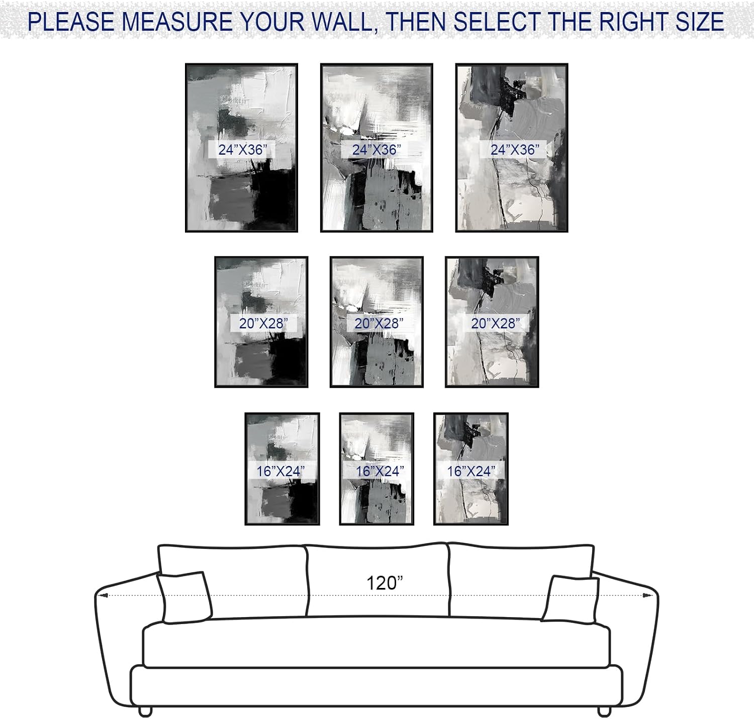 Large Framed Canvas Wall Art - Retro Grey Graffiti Pictures for Living Room Rustic Abstract Wall Decor Vintage Prints for Bedroom Dinning Room Black Float Framed 24' X 36' X 3 pcs