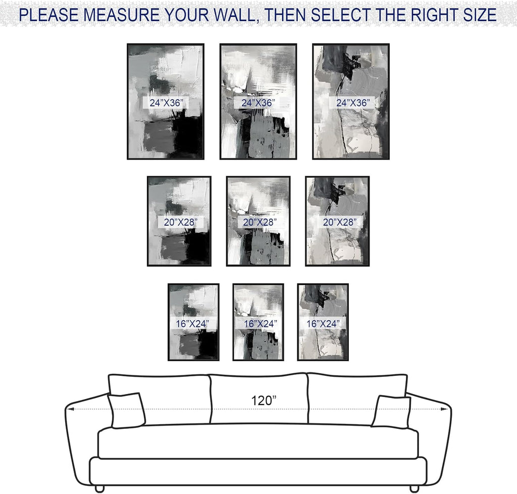 Large Framed Canvas Wall Art - Retro Grey Graffiti Pictures for Living Room Rustic Abstract Wall Decor Vintage Prints for Bedroom Dinning Room Black Float Framed 20' X 28' X 3 pcs