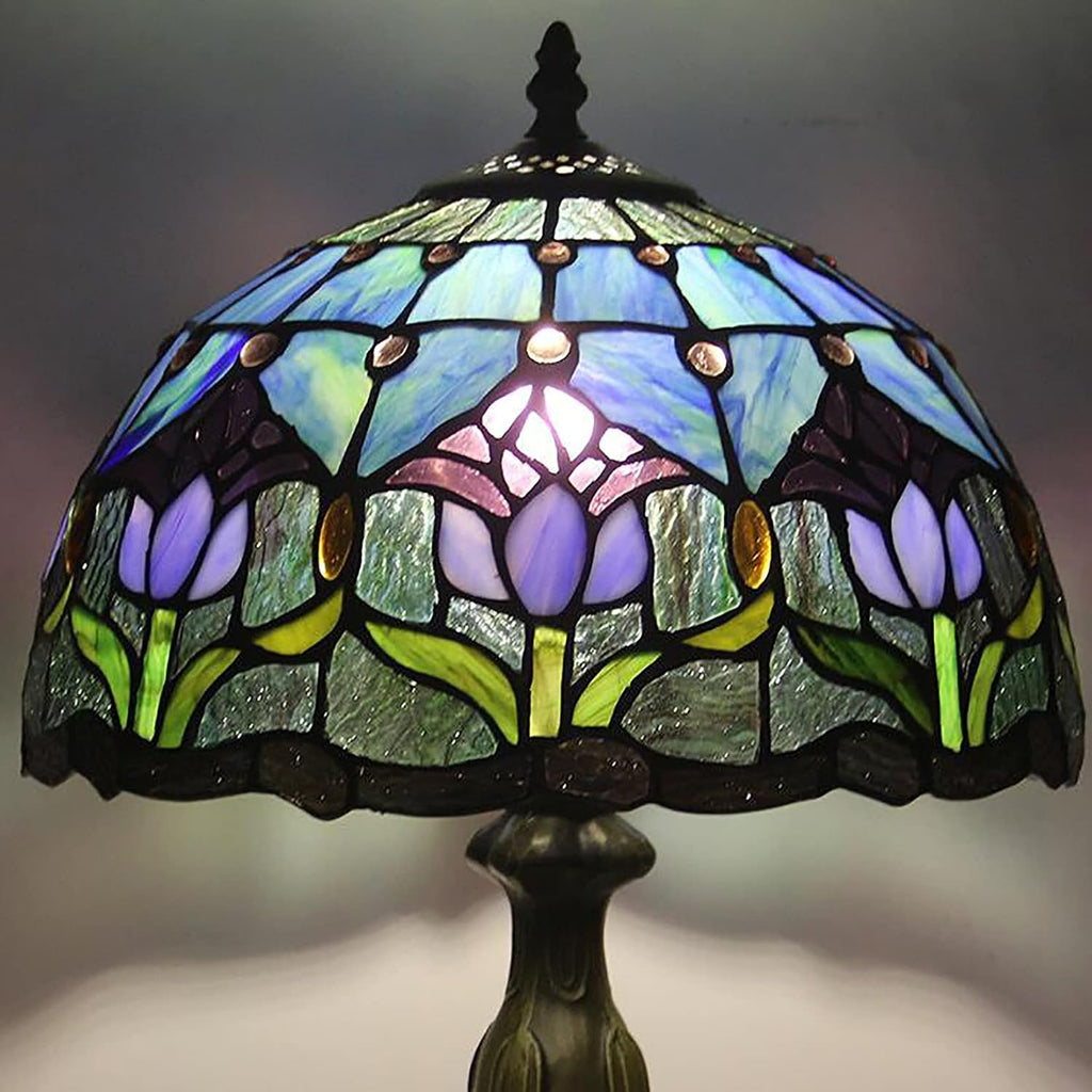 Tiffany Style Table Lamp Stained Glass Lamp Shade Purple Tulip Flower Reading Desk Light 12 Inches for Bedroom Study Living Room Office