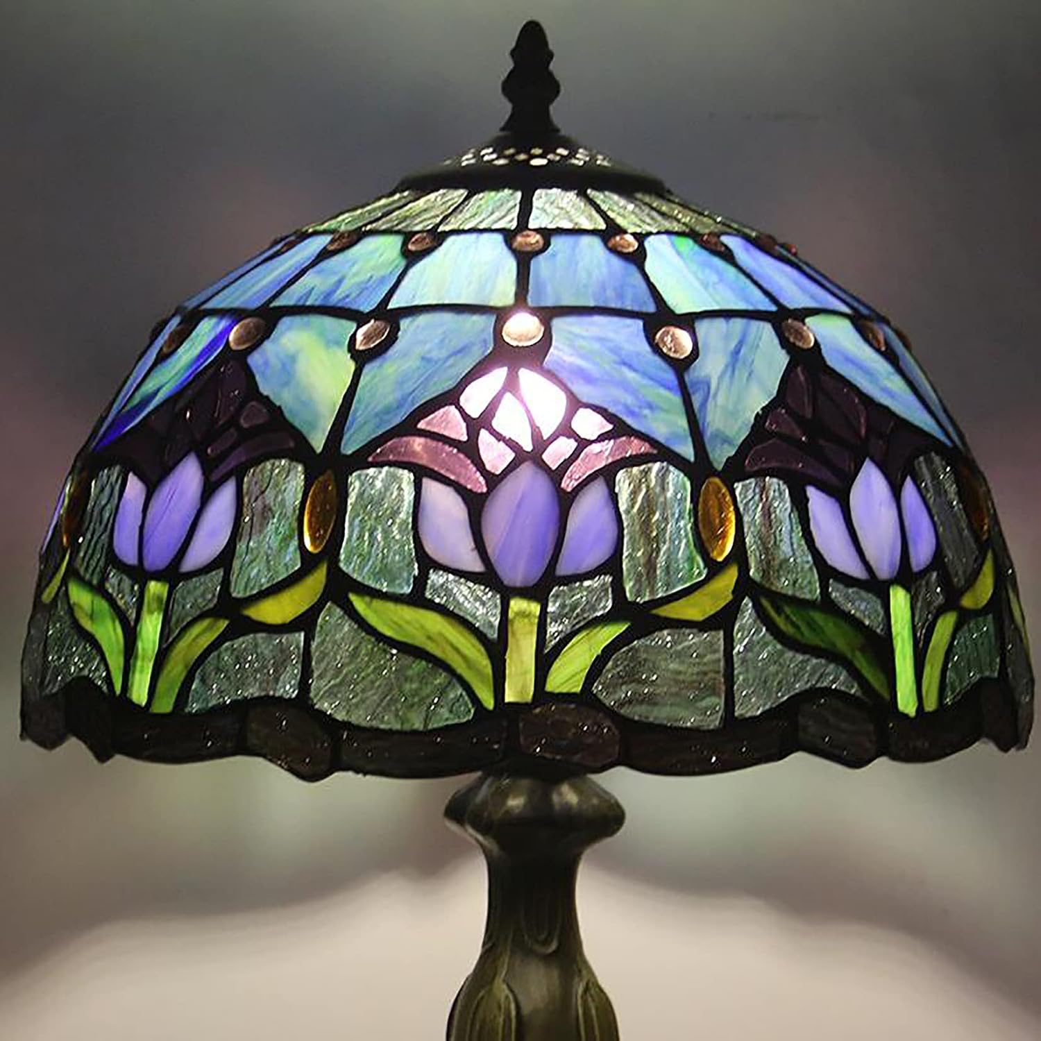 Tiffany Style Table Lamp Stained Glass Lamp Shade Purple Tulip Flower Reading Desk Light 12 Inches for Bedroom Study Living Room Office