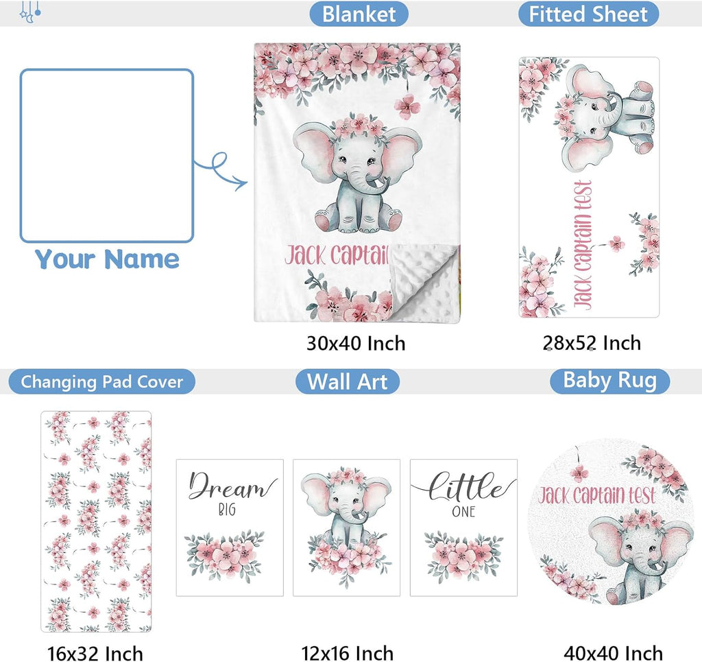 KAINSY Personalized Nursery Bedding Set, 5 Pcs Custom Crib Sets, Soft Baby Girl Set with Name, Double Layer Elephant Infant Bedding Set Customized Gifts for Toddlers