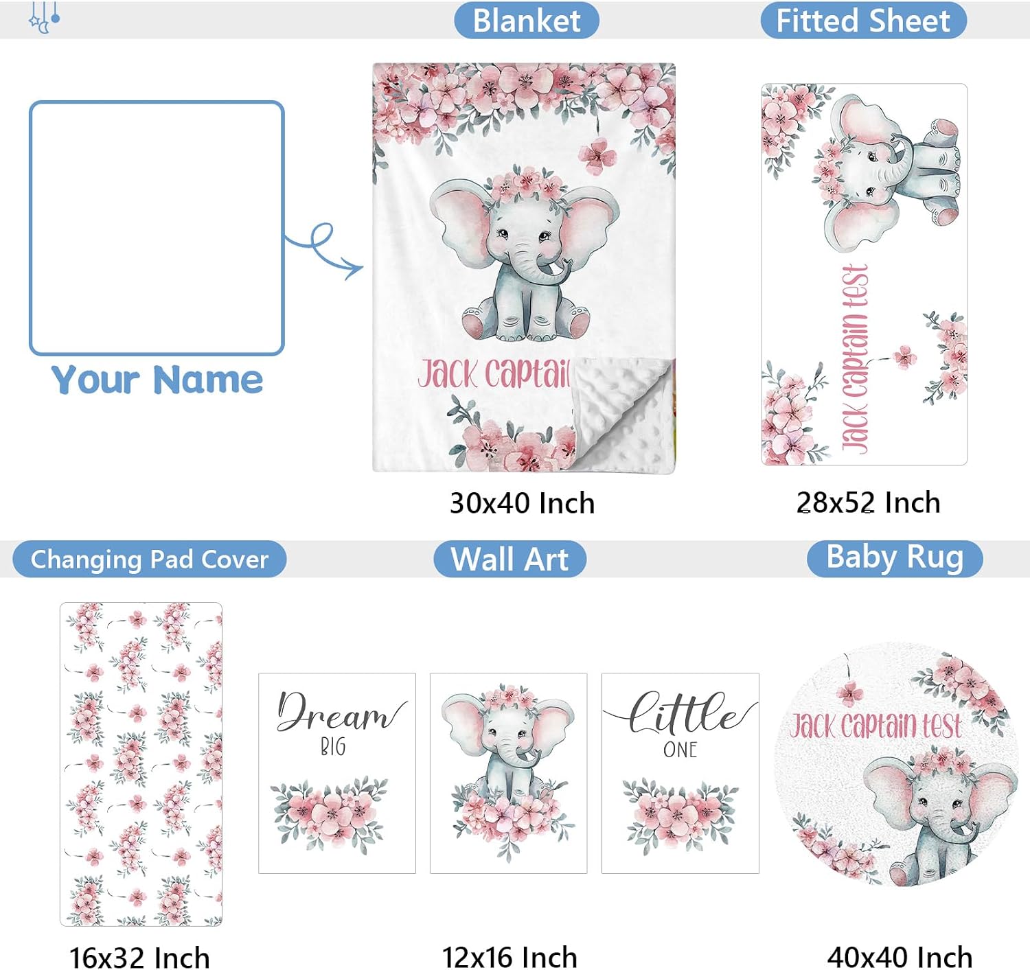 KAINSY Personalized Nursery Bedding Set, 5 Pcs Custom Crib Sets, Soft Baby Girl Set with Name, Double Layer Elephant Infant Bedding Set Customized Gifts for Toddlers