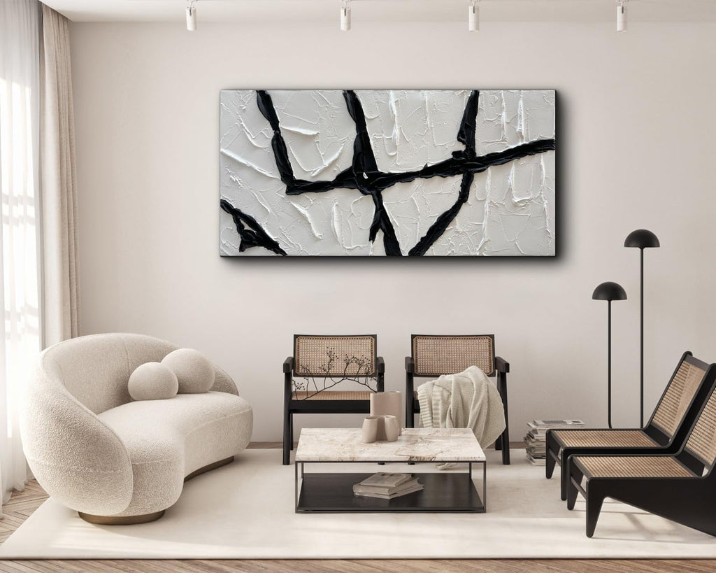 Creespi Hand Painted Black and White Thick Texture Oil Painting On Canvas,Modern Minimalist Abstract Wall Art for Home Decor 24x48 inch