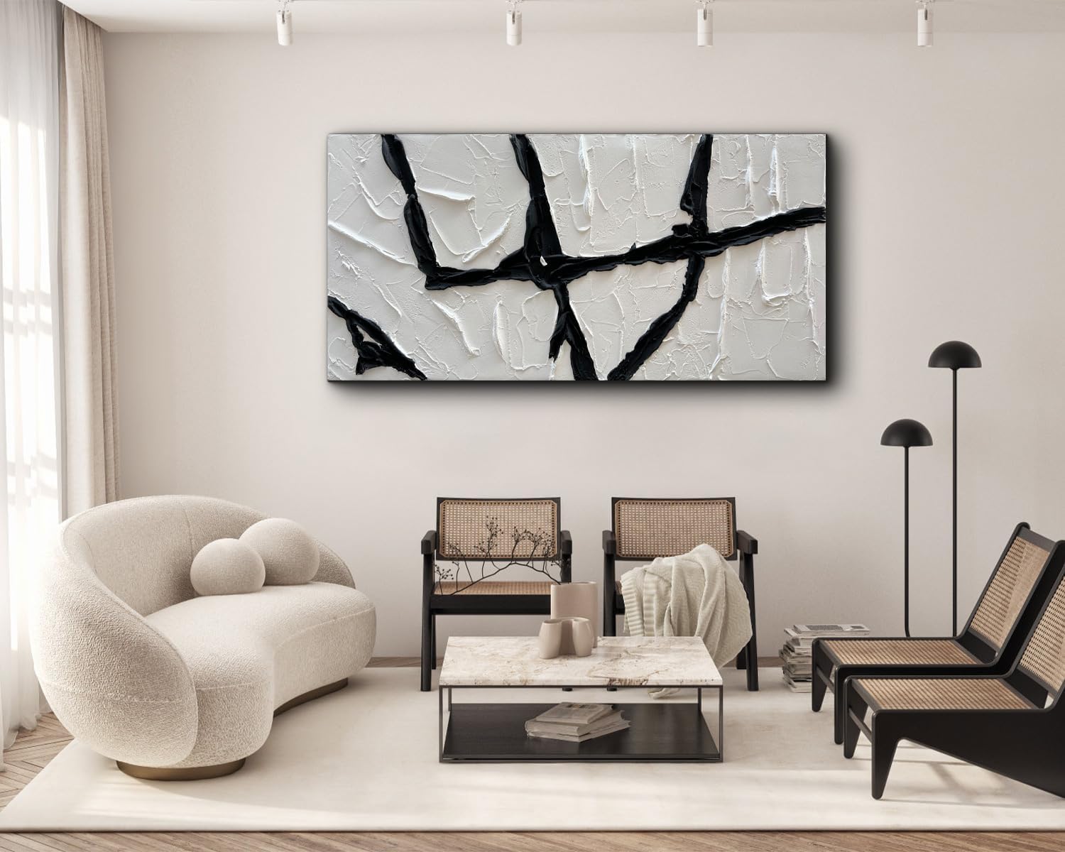 Creespi Hand Painted Black and White Thick Texture Oil Painting On Canvas,Modern Minimalist Abstract Wall Art for Home Decor 24x48 inch