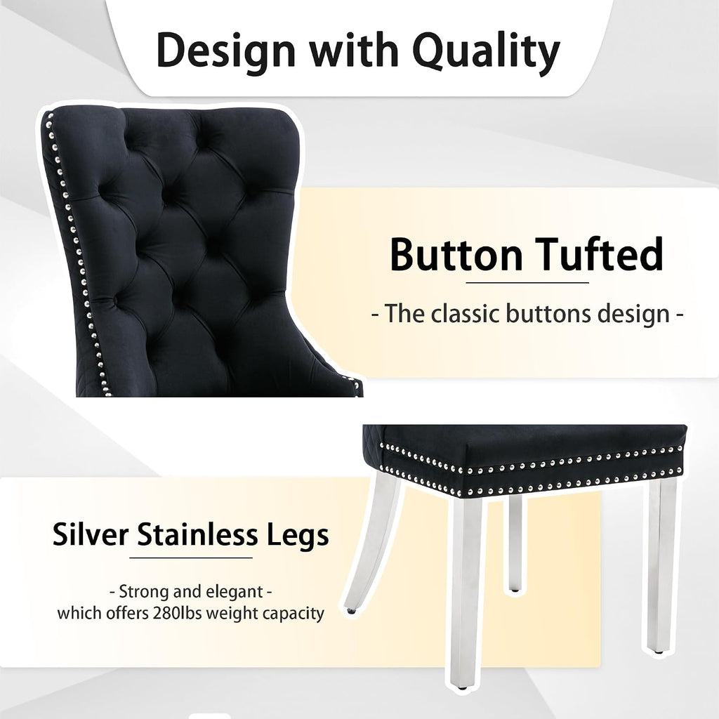Velvet Dining Chairs Set of 6, Upholstered Dining Room Chairs, Mid-Century Modern Chairs with Diamond Lattice Tufted Back, Lion Pull Ring Rivet Trim, Silver Metal Legs for Kitchen, Black