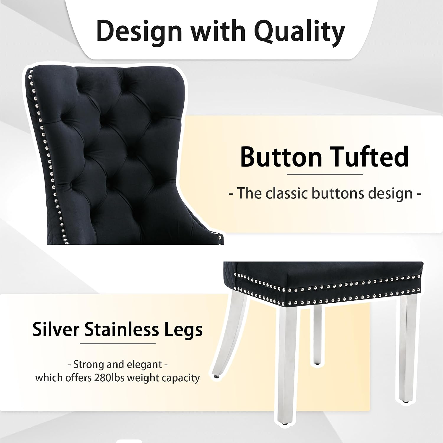 Velvet Dining Chairs Set of 6, Upholstered Dining Room Chairs, Mid-Century Modern Chairs with Diamond Lattice Tufted Back, Lion Pull Ring Rivet Trim, Silver Metal Legs for Kitchen, Black