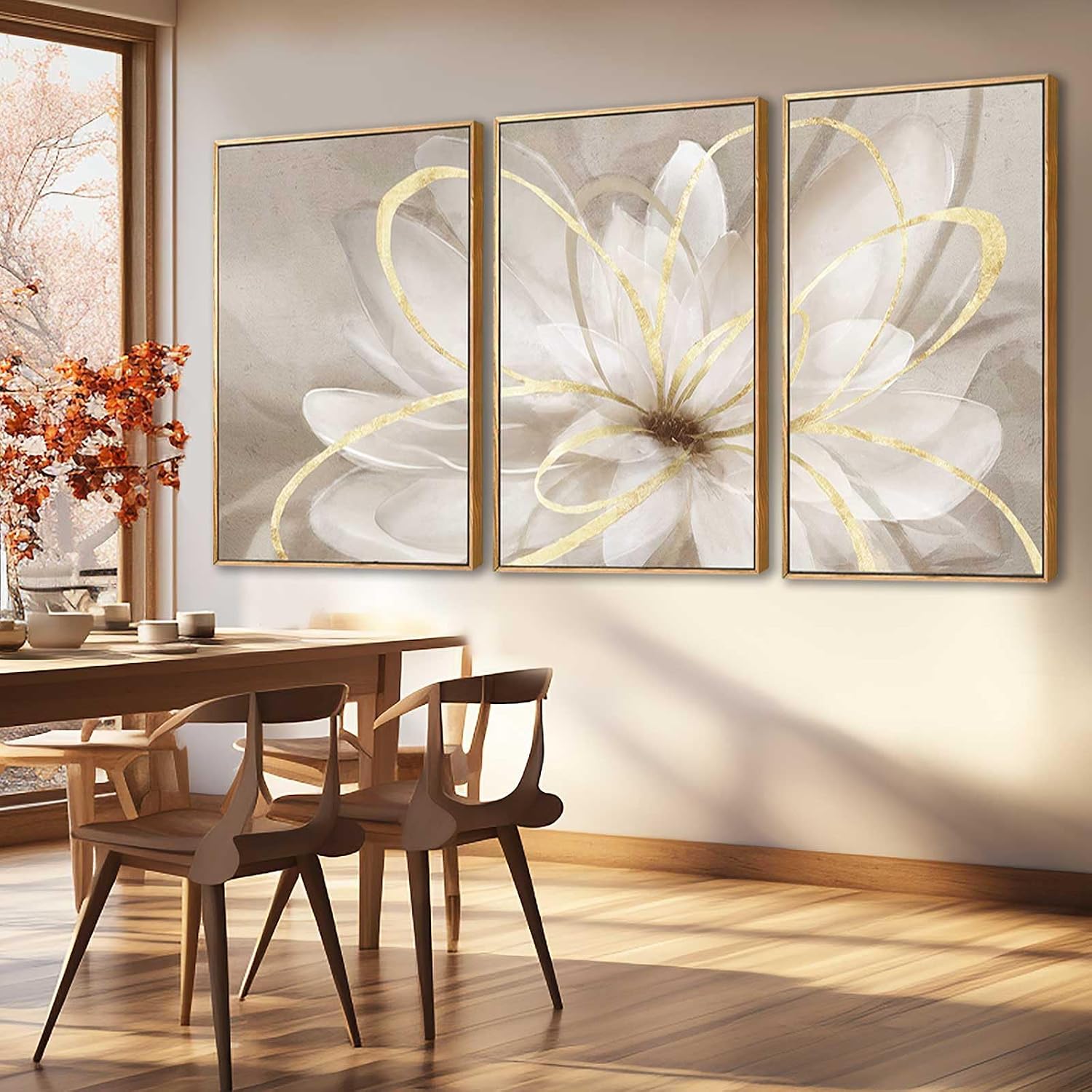SOUGUAN Living Room Decor White Flower Artwork Gold Canvas Wall Art Abstract Line Painting for Bedroom Kitchen Dining Room Home Wall Decor 26'x40'x 3 Pieces