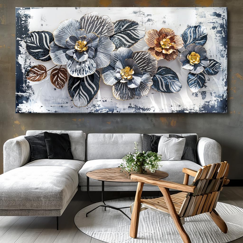Large Floral Wall Art Decor Elegant Flower Framed Canvas Print Wall Décor for Living Room, Bedroom, Dining Room, and Home Office Modern Textured Ready to Hang - 24'x48'