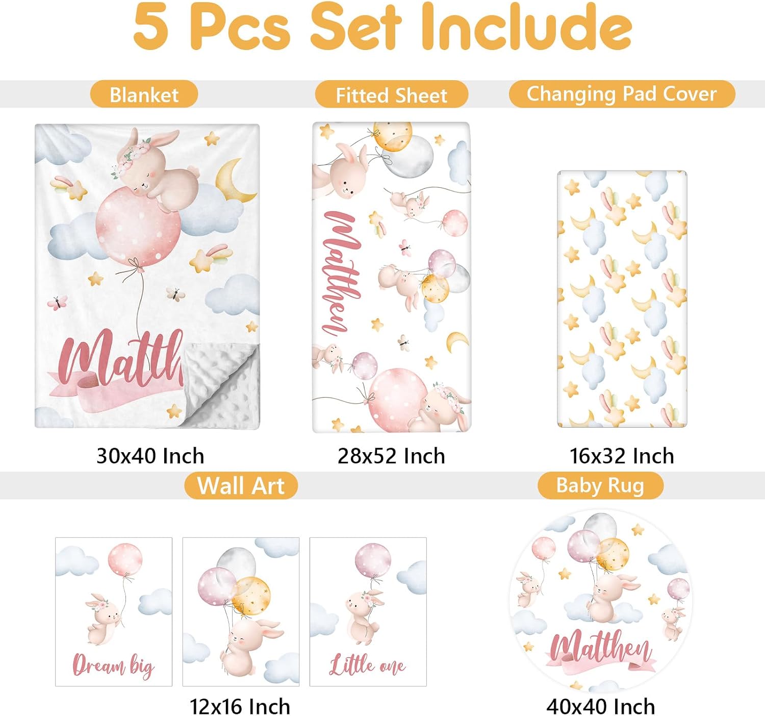 Terwex Personalized Baby Crib Bedding Set, 5 Pcs Custom Name Baby Crib Set with Double Layer Blanket, Soft Balloon Bunny Nursery Bedding Set for Girls Boys, Customized Gifts for Infants Toddlers