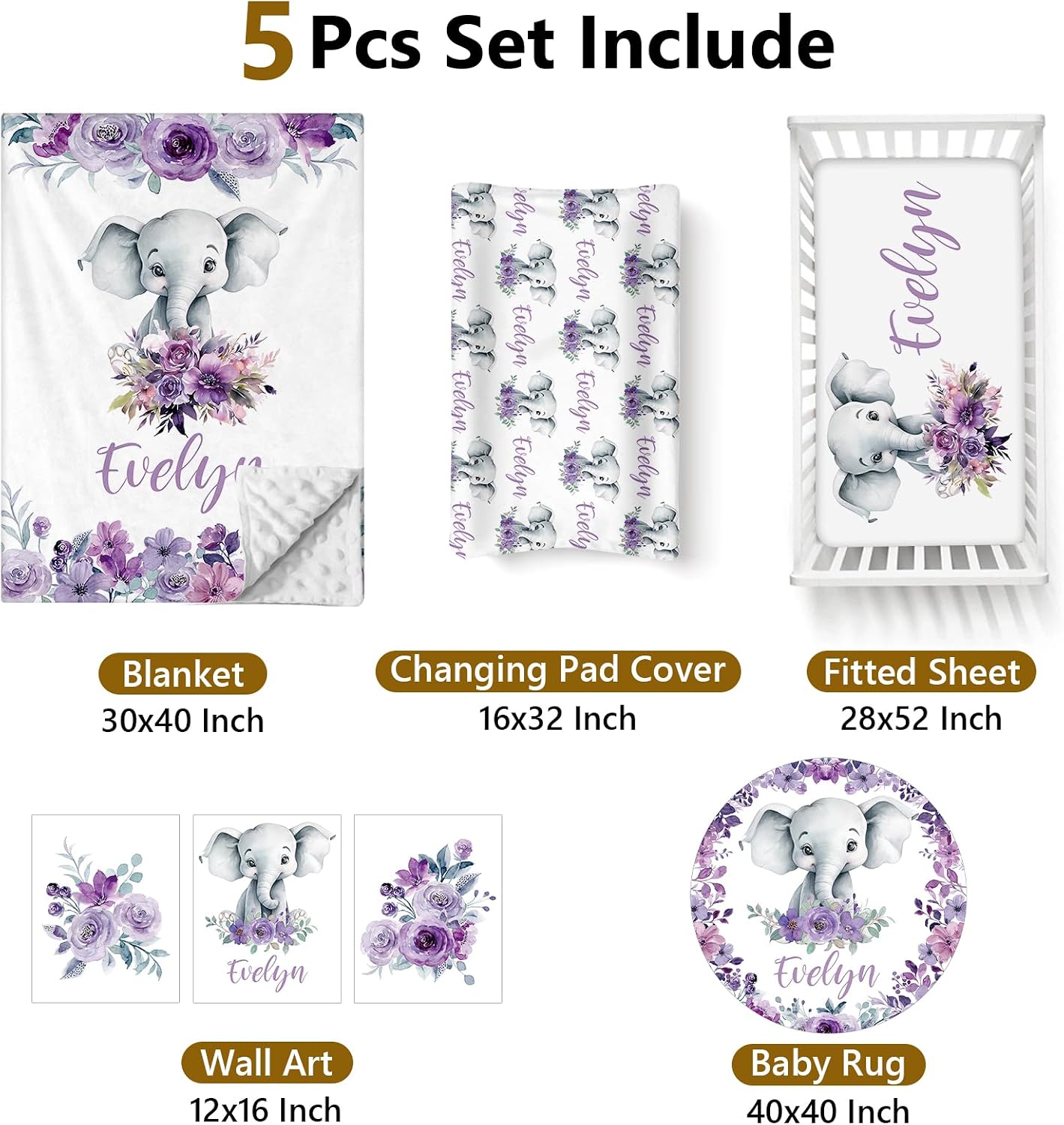 Terwex Personalized Baby Crib Set, 5 Pcs Custom Name Bedding for Girls Boys - Nursery Crib Sets, Soft Toddler Sets for Infant Customized Gifts, Purple Elephant