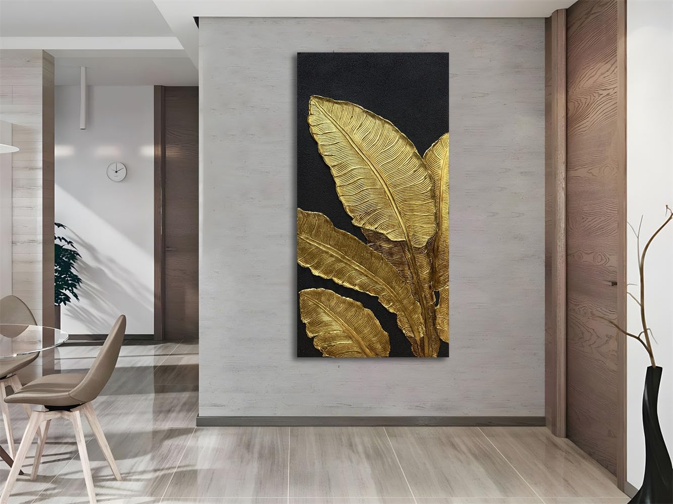 Slyart 100% Hand-Painted 3D Black and Gold Textured Wall Art, Modern Gold Banana Leaf Oil Paintings on Canvas Wall Decor