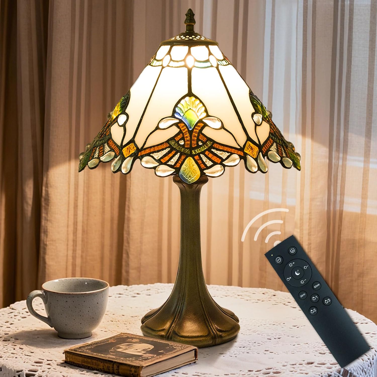 Tiffany Style Table Lamp, Small Stained Glass Lamp for Bedside, Bedroom, Nightstand, Living Room, 12 Inch Mini Vintage Light Included E26 Bulbs with Remote Control (White Umbrella)