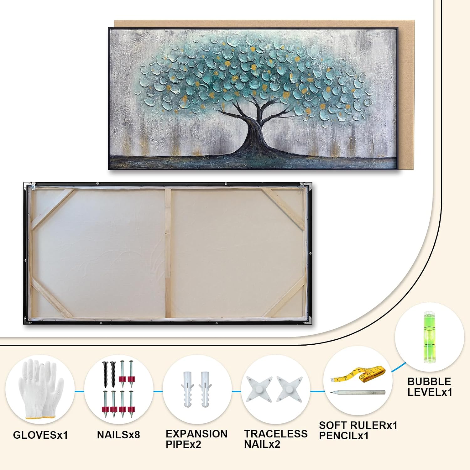 Teal Blue Tree of Life Canvas Wall Art for Living Room, Hand Painted Modern Abstract Textured Painting, Large Framed Panoramic Landscape wall art for Living Room, Bedroom, Office, Home Decor 48'x24'