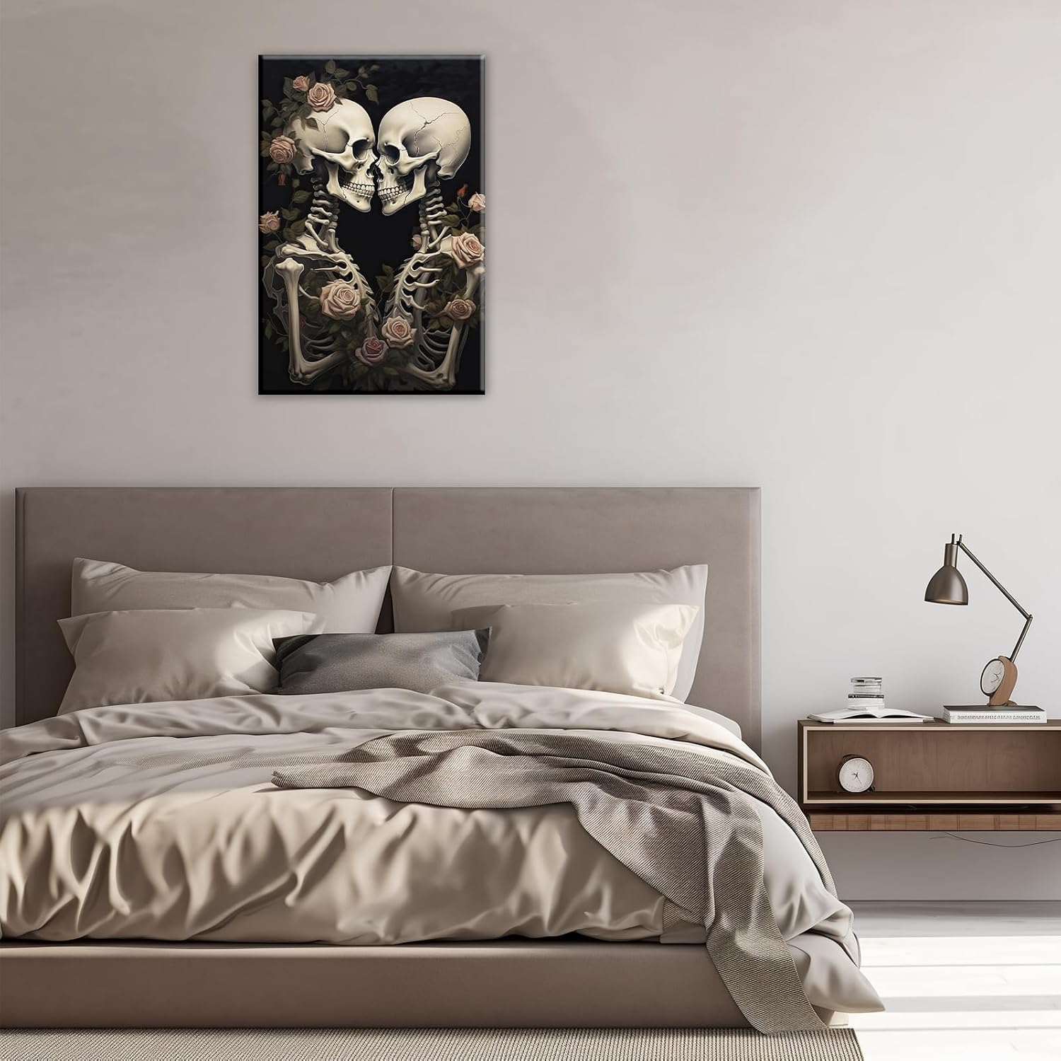 OAAPITI Vintage Skeleton Canvas Wall Art Gothic Painting Artwork Retro Rose Skull Art Poster Abstract Romantic Theme Picture Halloween Living Room Decor(Artwork-4,28'x42')