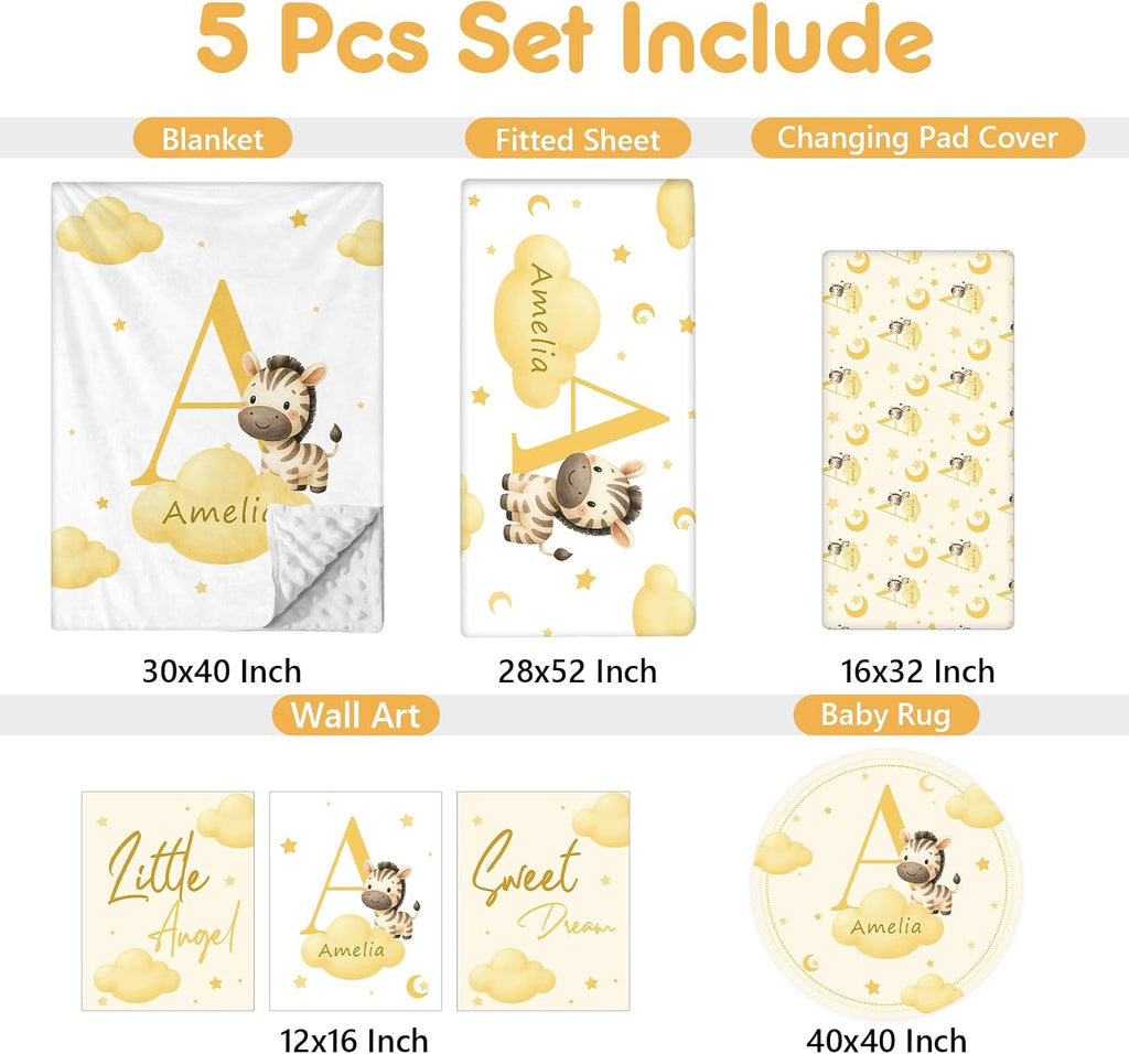 Terwex Personalized Baby Crib Bedding Set, 5 Pcs Custom Name Nursery Bedding Set, Yellow Zebra Baby Bedding Set for Girls Boys, Double Layer Crib Sets, Customized Gifts for Toddler Infant New Parents