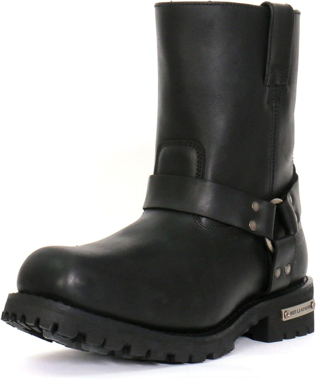 Hot Leathers BTM1004 Men's Black 8-inch Short Harness Leather Boots with Lug Sole - 7.5