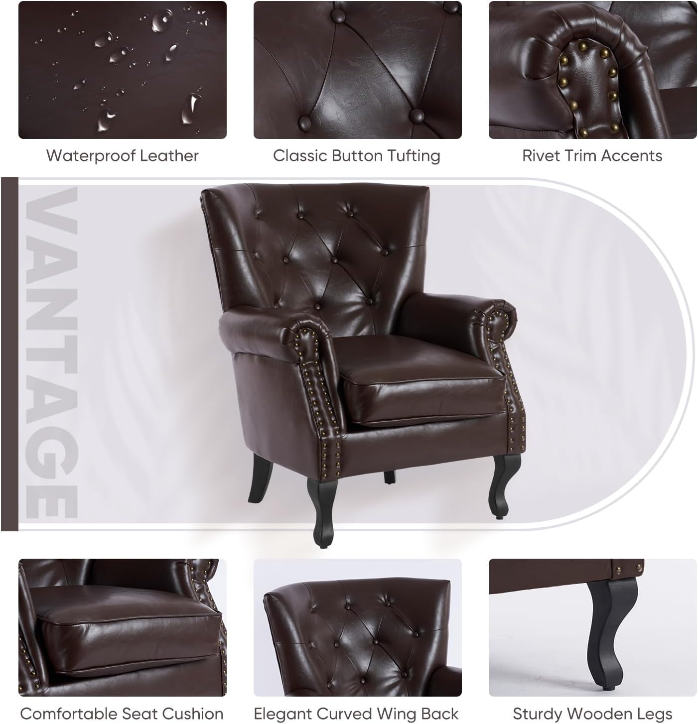 MOJAY PU Leather Accent Chair Set of 2, Modern Armchair Living Room Chair, Upholstered Club Chair with Rivet Trim, Mid-Century Sofa Chair with Sturdy Wood Legs for Bedroom (Caramel)