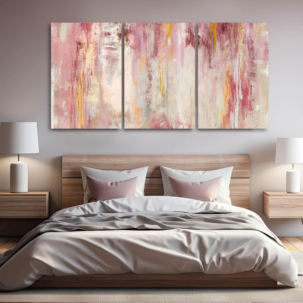Kureful Large Pink Wall Art Gold Bedroom Decor for Teens Abstract Wall Art for Living Room Canvas Wall Paintings Gold Artwork Pictures for Wall 24'x 36'x 3 Panel