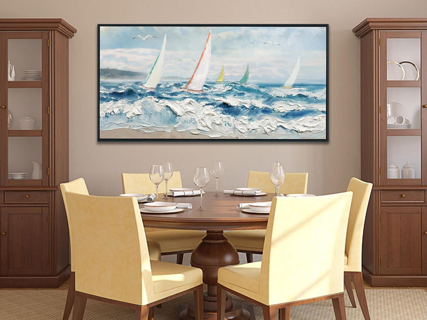 Enartly Extra 3D Textured Waves Sailboat Framed Wall Art, Ocean Coastal Beach Canvas Painting Nautical Artwork for Living Room Bedroom Dining Room Home Office Wall Decor, 58'x29'