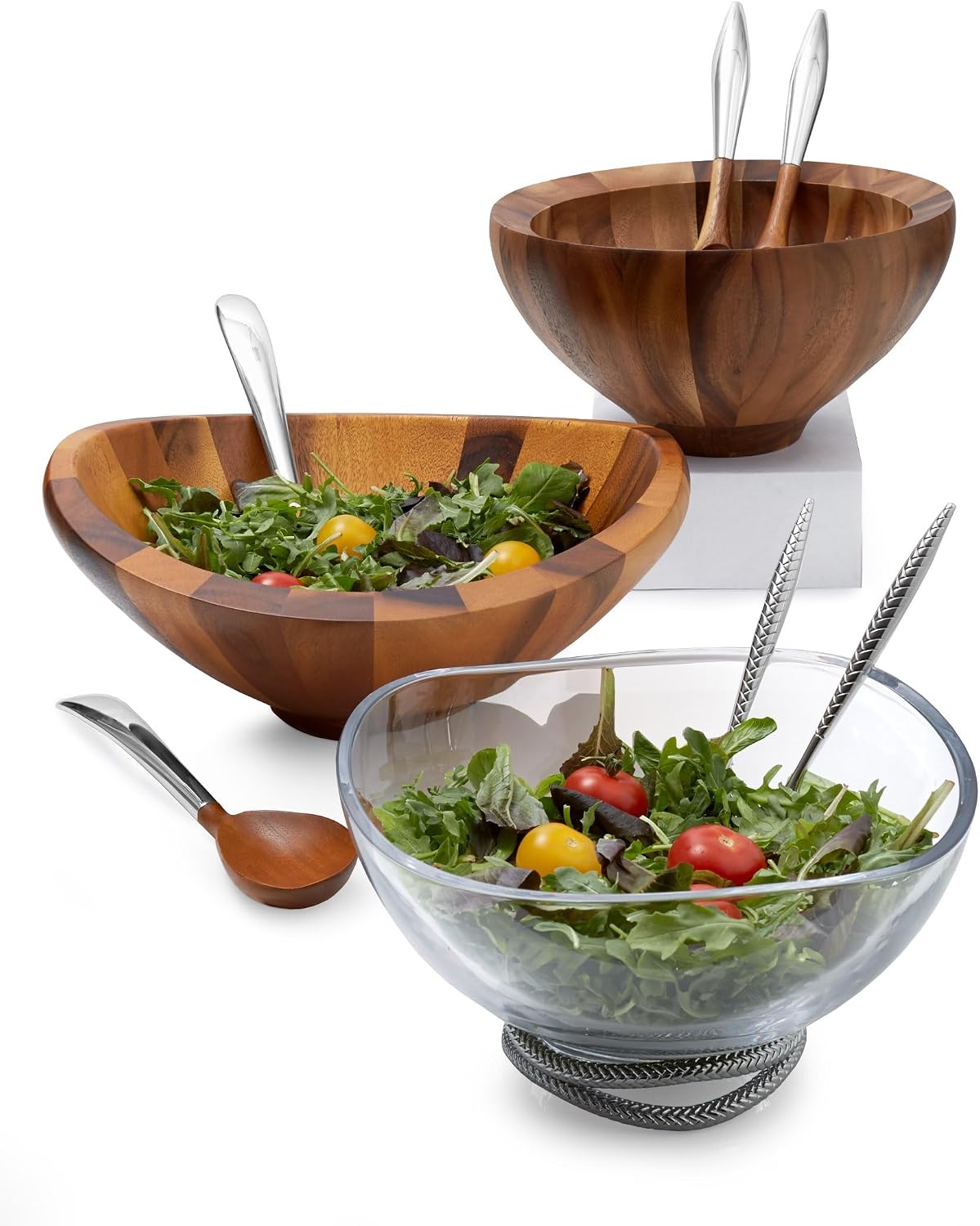 nambe Butterfly Acacia Wood Salad Bowl with 2 Salad Servers | Made of Acacia wood and Nambe Alloy | Large Deep Wooden Bowls | Acacia Wood Salad Bowl Set | Designed by Sean O'hara (16-in)