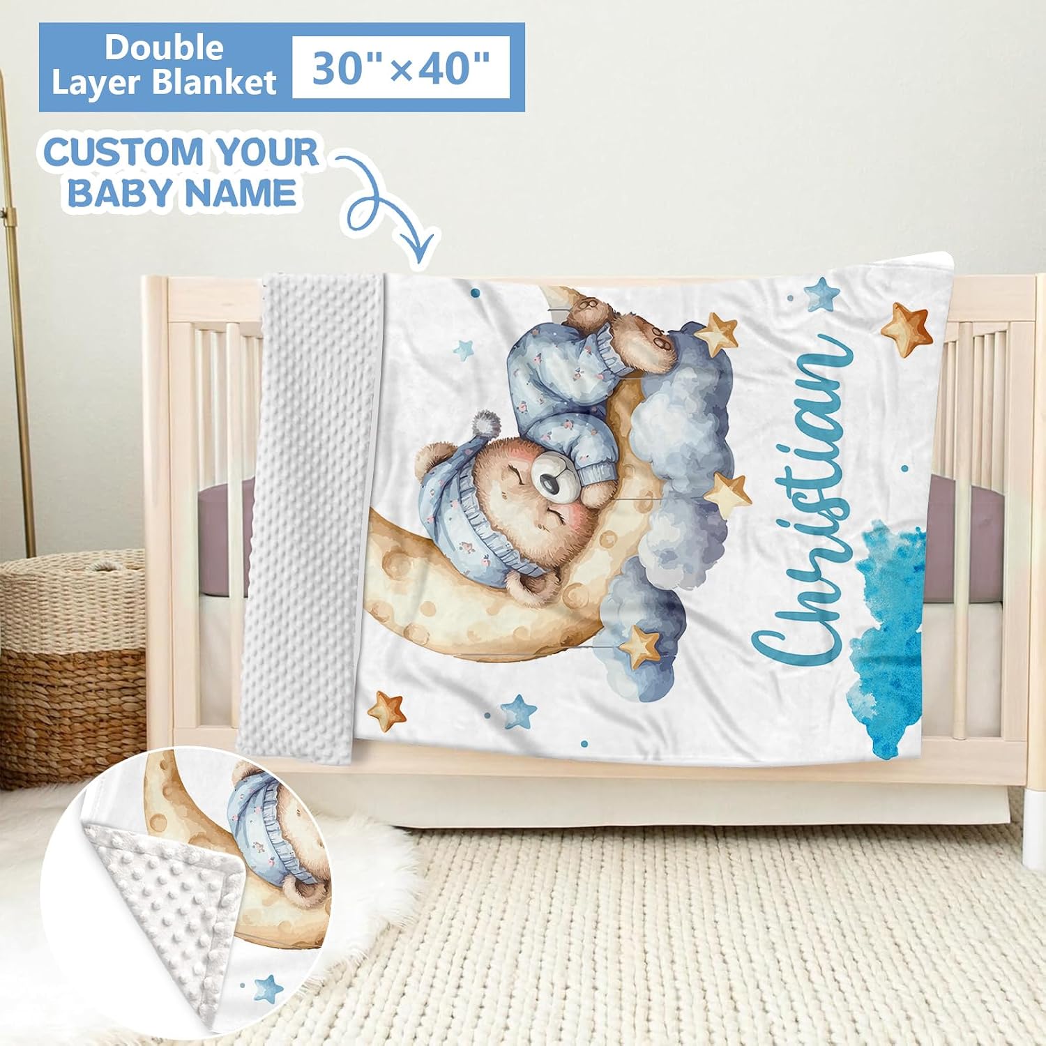 KAINSY Personalized Crib Set, 5 Pcs Custom Baby Crib Set with Name, Blue Moon Bear Baby Bedding Set for Boys Girls, Double Layer Nursery Bedding Set, Toddlers Infants New Parents Gift