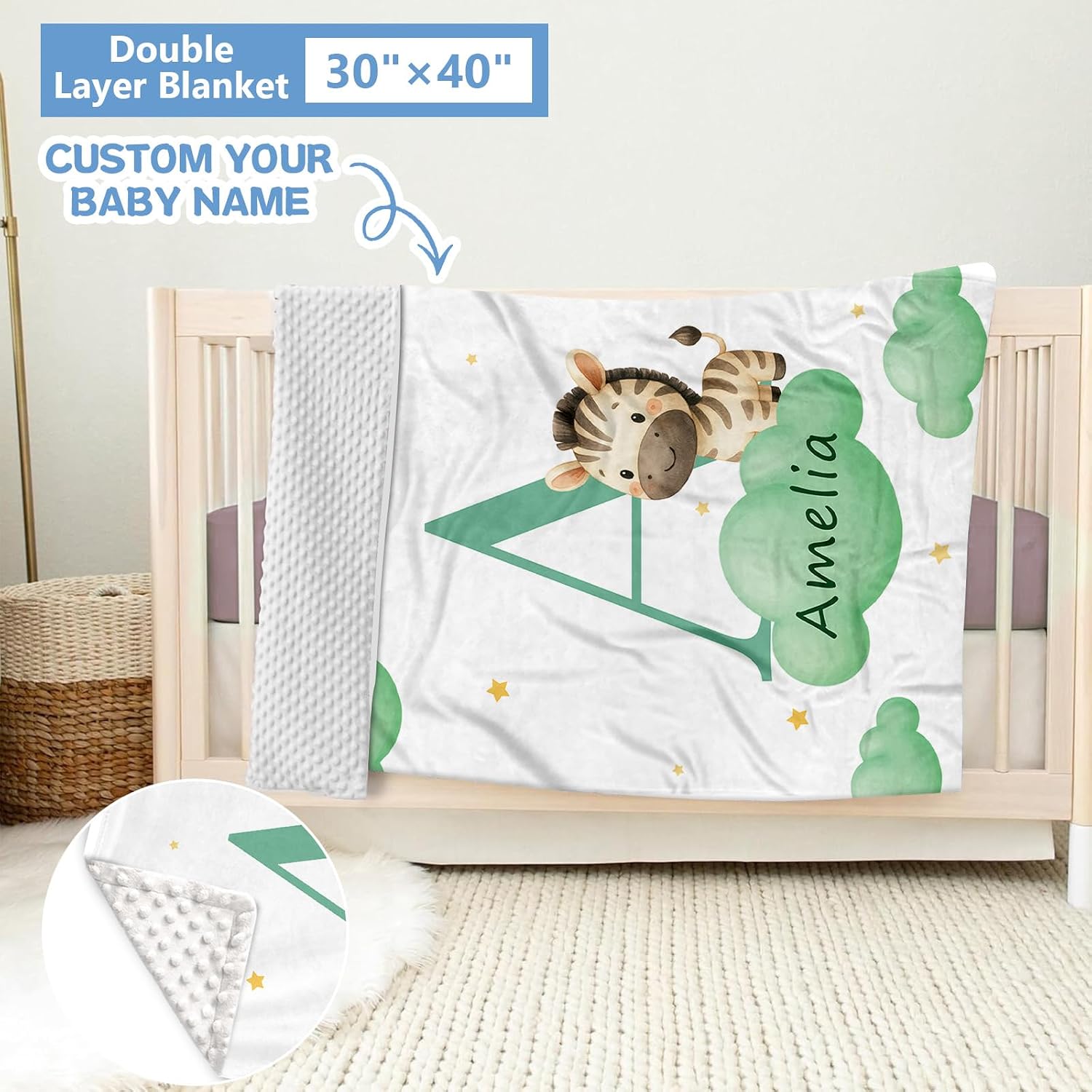 KAINSY Custom Crib Bedding Set, 5 Pcs Personalized Name Monogram Baby Crib Sets for Infants Toddlers, Pink Zebra Nursery Bedding Set for Boys Girls, Double Layer Baby Bedding Sets Customized Gifts