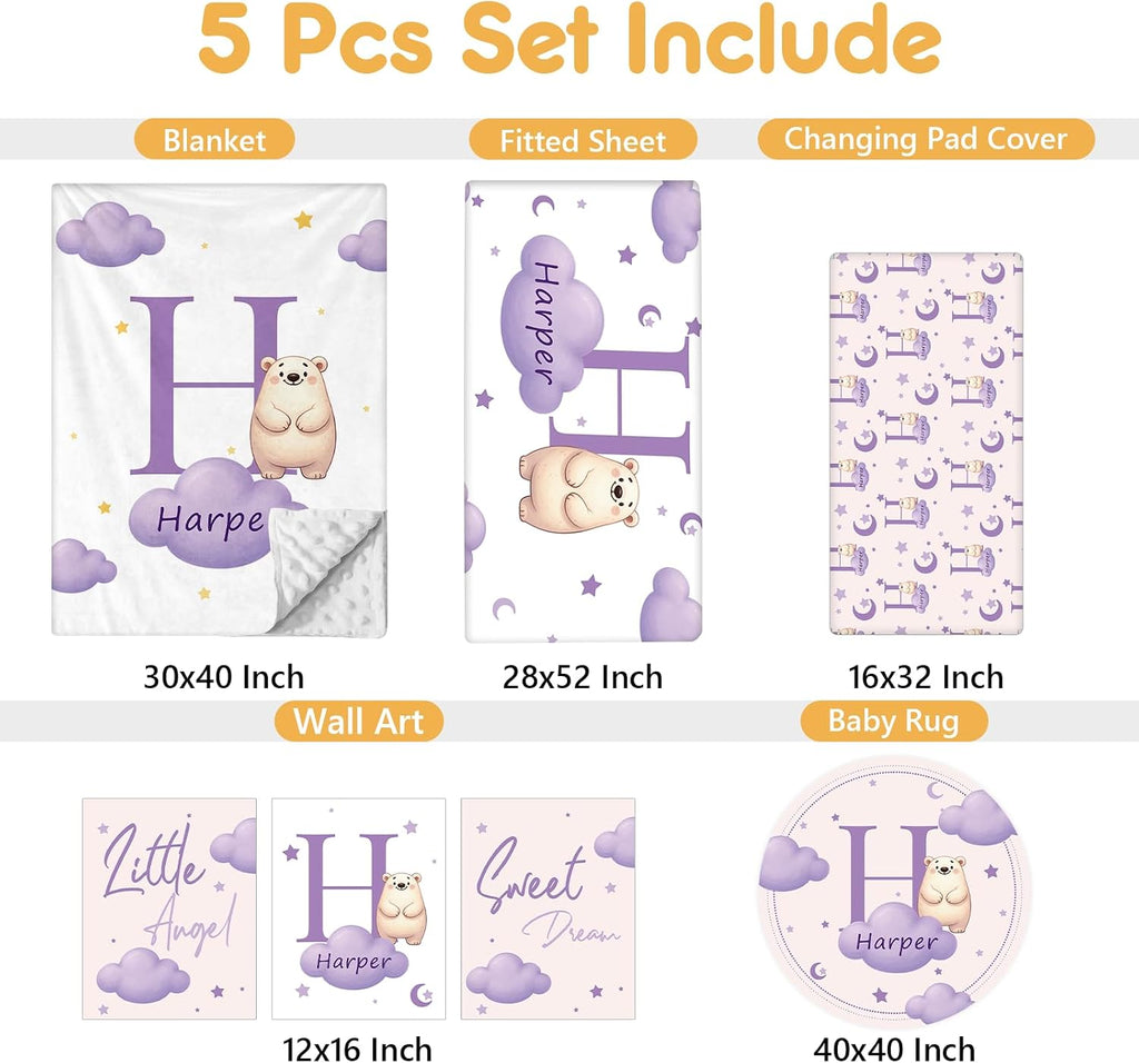 Terwex Custom Crib Bedding Set, 5 Pcs Personalized Nursery Bedding Sets with Name, Infant Bedding Set for Baby Girl Boy, Purple Polar Bear Double Layer Baby Crib Set, Toddlers Babies Customized Gifts