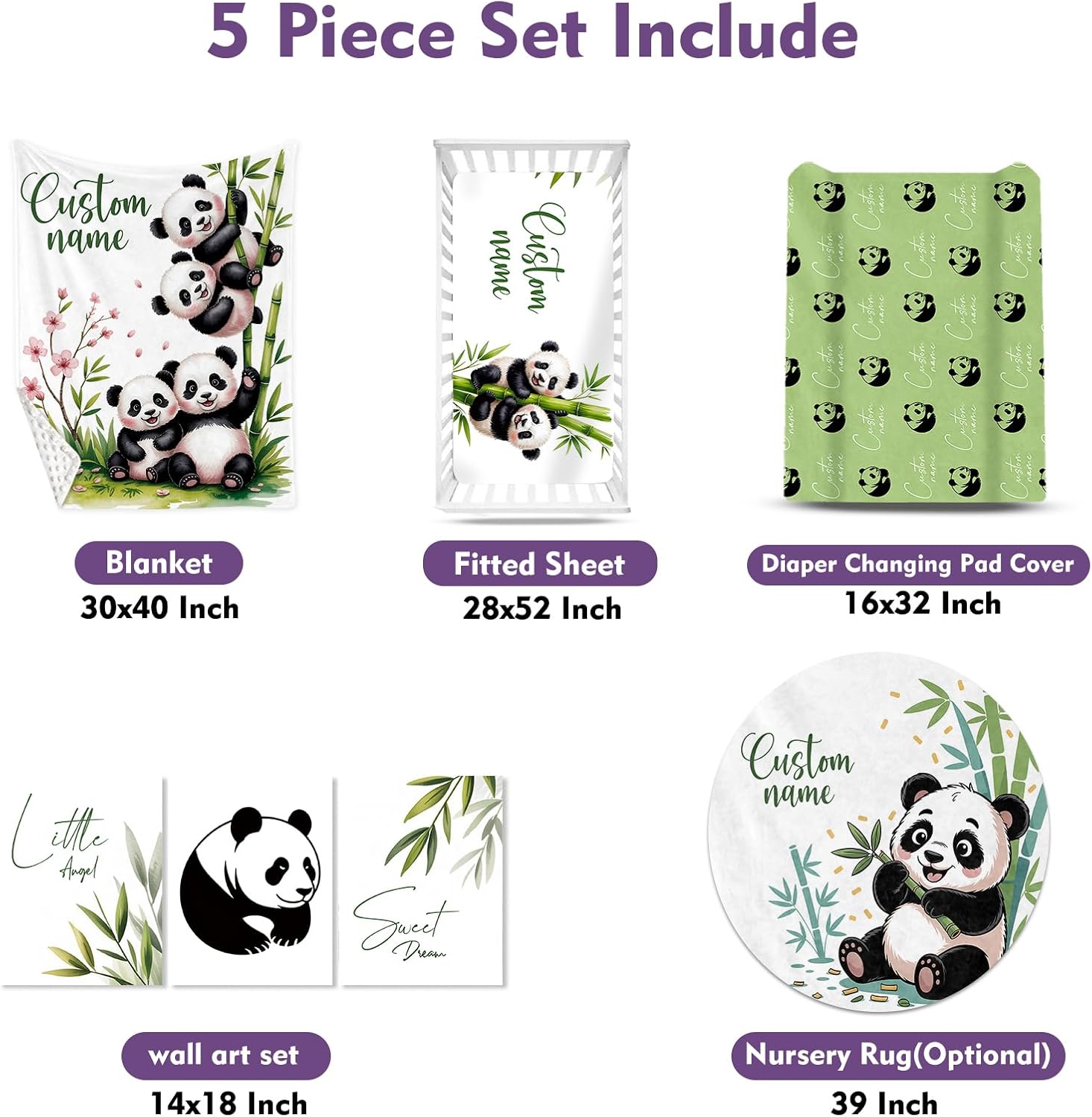 Personalized Crib Bedding Set for Baby Boys Girls, Custom Name Baby Crib Sets 5-Pcs Include Toddler Double Layer Blanket Fitted Sheet Changing Pad Cover Rug Wall Art Set, Panda Theme Nursery Décor