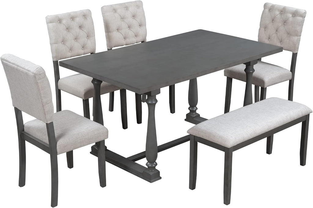 Retro 6-Piece Kitchen Dining Table Set with Comfortable Upholstery Chairs and Bench, Solid Wood Dining Table with Special-Shaped Legs, Suitable for Family Use (Gray-Comfort)