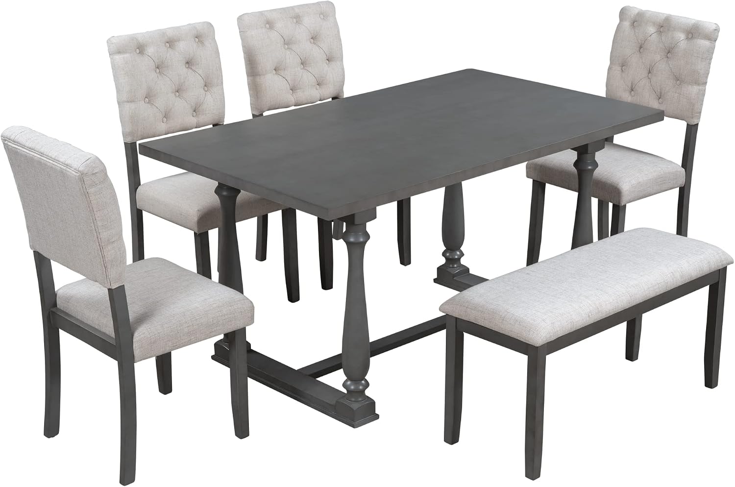Retro 6-Piece Kitchen Dining Table Set with Comfortable Upholstery Chairs and Bench, Solid Wood Dining Table with Special-Shaped Legs, Suitable for Family Use (Gray-Comfort)