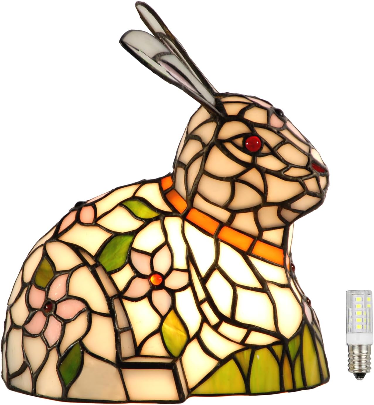 A0012 Tiffany Style Lovely Ratbbit Table Lamp Handmade Stained Glass Animal Night Light, Bunny Accent Table Lamp for Livingroom Bedroom Home Decoration