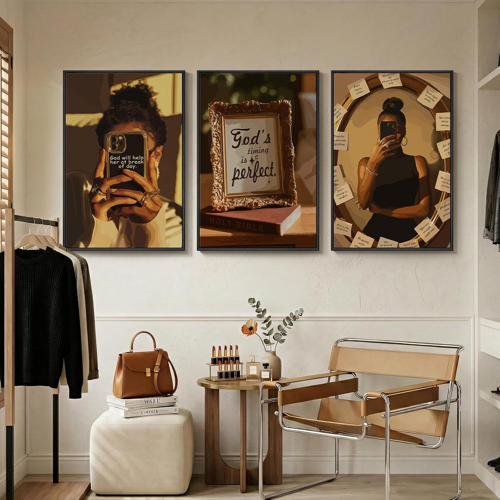 Framed Black Girl Wall Art Set of 3, Large African American Inspirational Canvas Prints, Modern Aesthetic Artwork Painting Pictures for Living Room, Bedroom, Hallway or Dressing Room Decor, 24x36 In