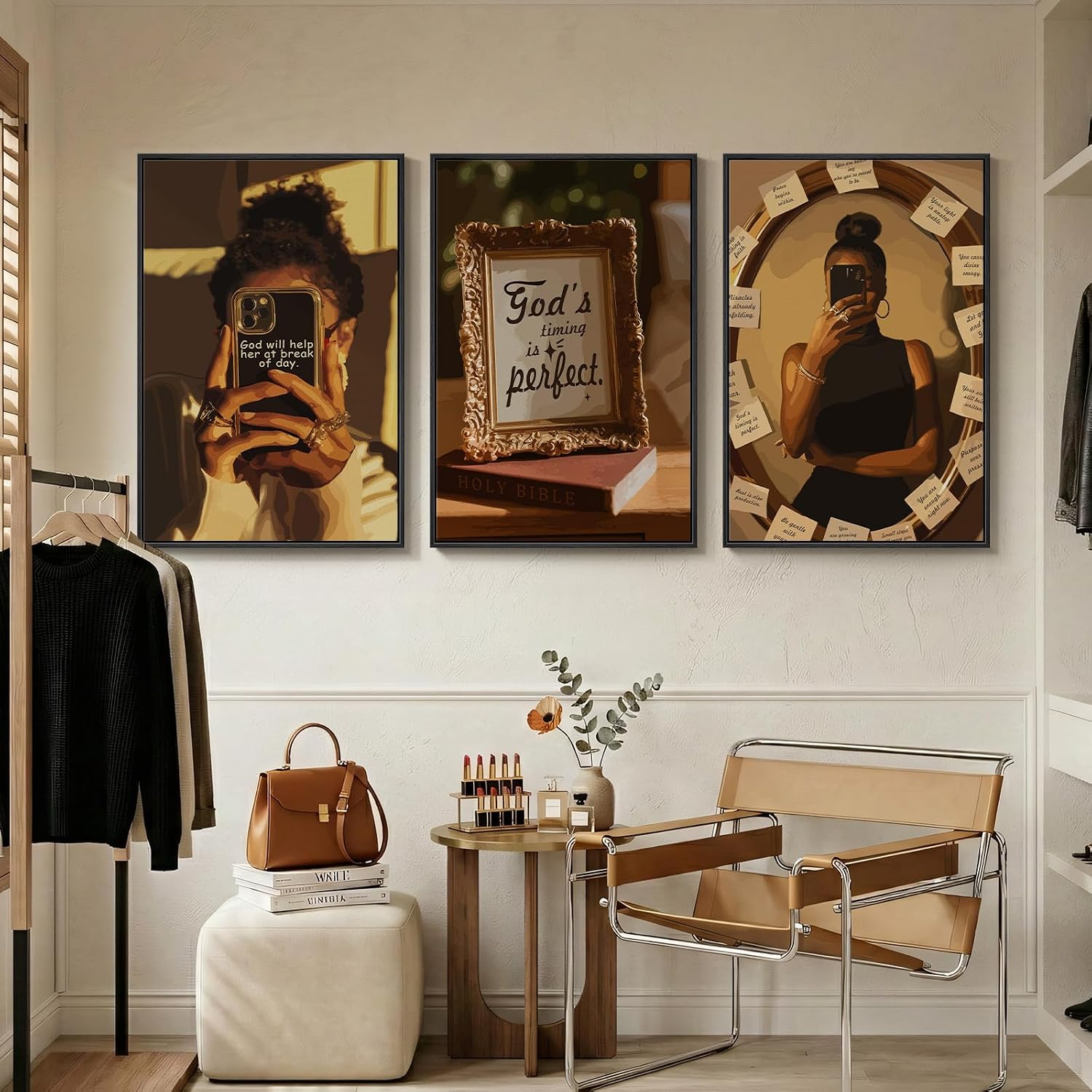 Framed Black Girl Wall Art Set of 3, Large African American Inspirational Canvas Prints, Modern Aesthetic Artwork Painting Pictures for Living Room, Bedroom, Hallway or Dressing Room Decor, 24x36 In