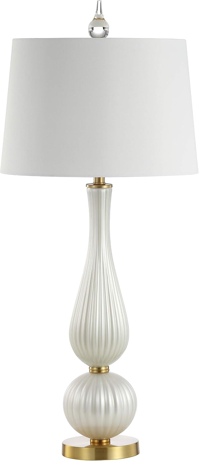 JONATHAN Y 33.7' White Iridescent Fluted Glass Table Lamp, Contemporary Glam Bedside Lamp with Brass Gold Base and White Faux Silk Shade, LED Bulb Included JYL2071A