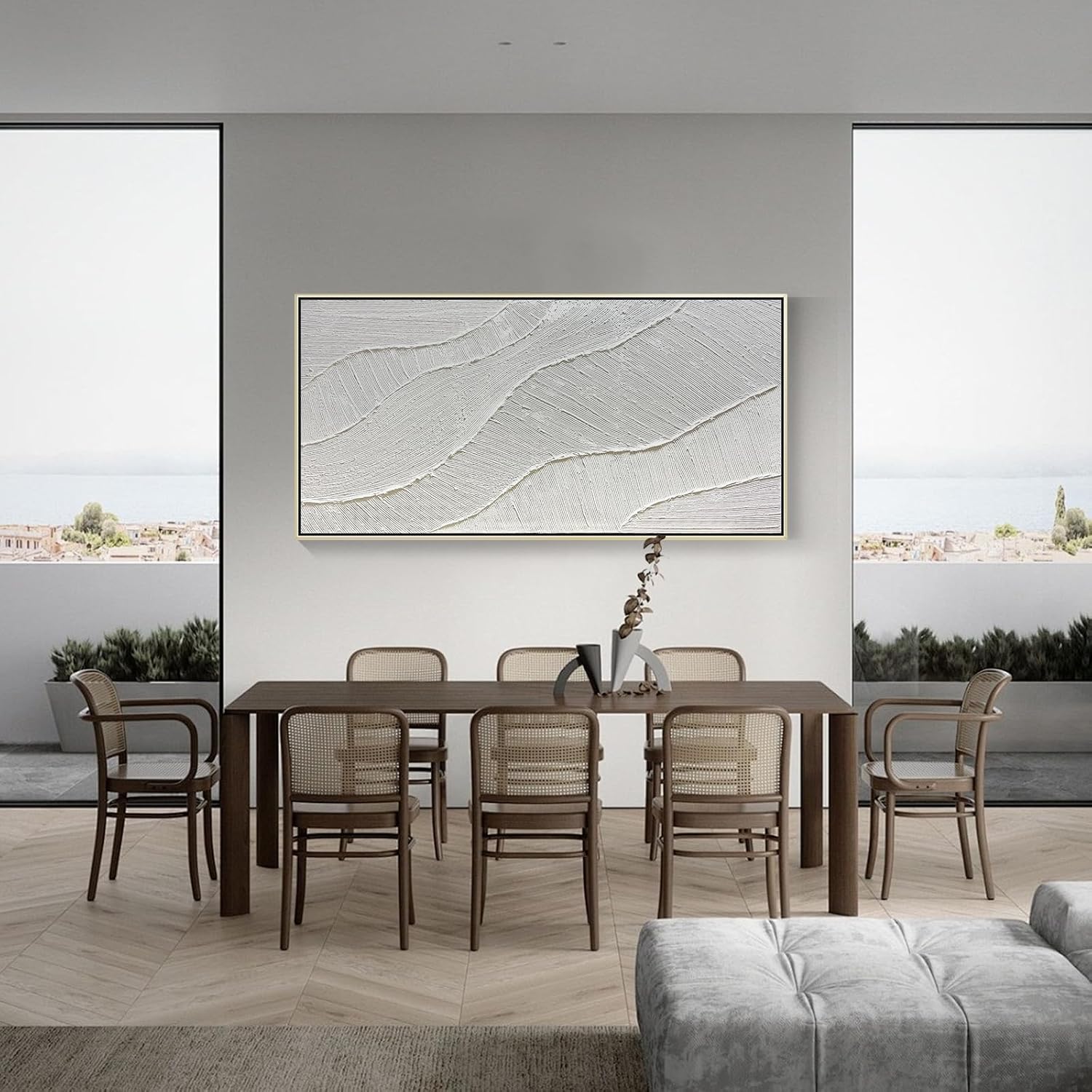 GeekMacro White Hand Painted Abstract Oil Painting Textured Wall Art - Large Framed 58x29 Minimalist Artwork Living Room Bedroom Horizontal Wall Decor