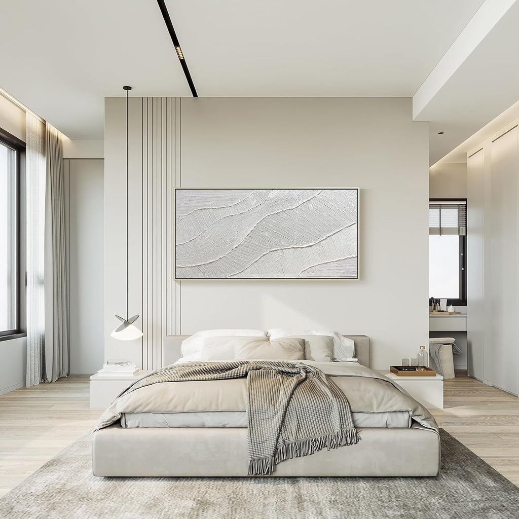 GeekMacro White Hand Painted Abstract Oil Painting Textured Wall Art - Large Framed 58x29 Minimalist Artwork Living Room Bedroom Horizontal Wall Decor