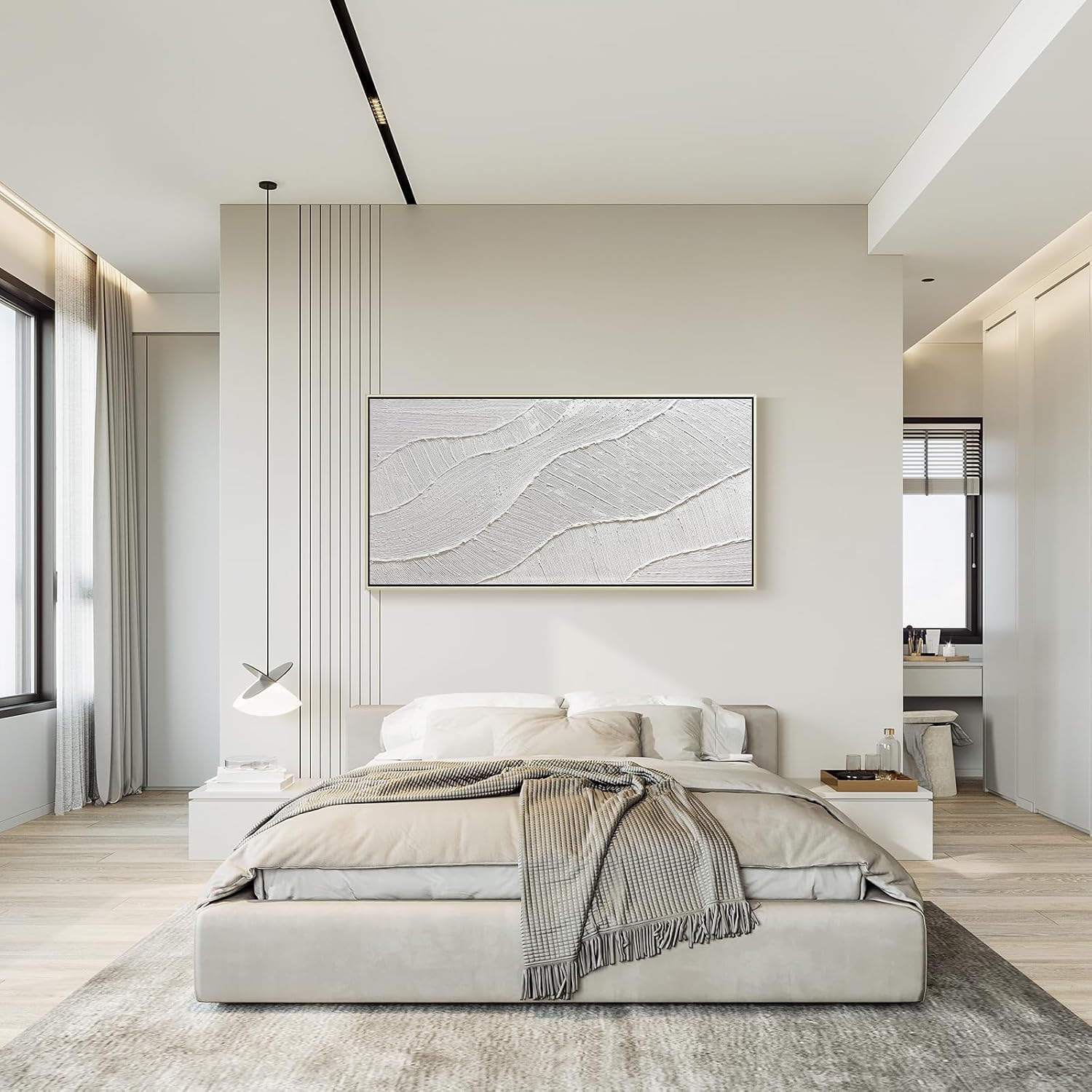 GeekMacro White Hand Painted Abstract Oil Painting Textured Wall Art - Large Framed 58x29 Minimalist Artwork Living Room Bedroom Horizontal Wall Decor