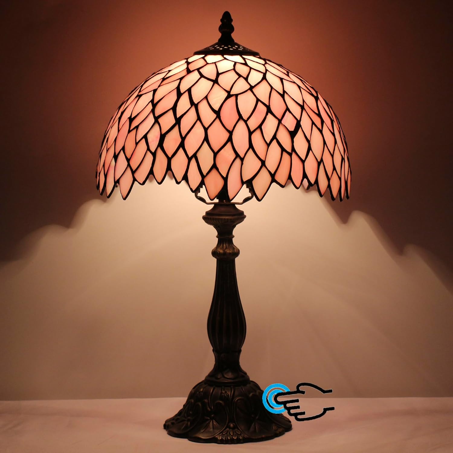 Tiffany Lamp Touch Control Table Lamp Pink Stained Glass Desk Lamp 12X12X19 Inches Wisteria Style Reading Light