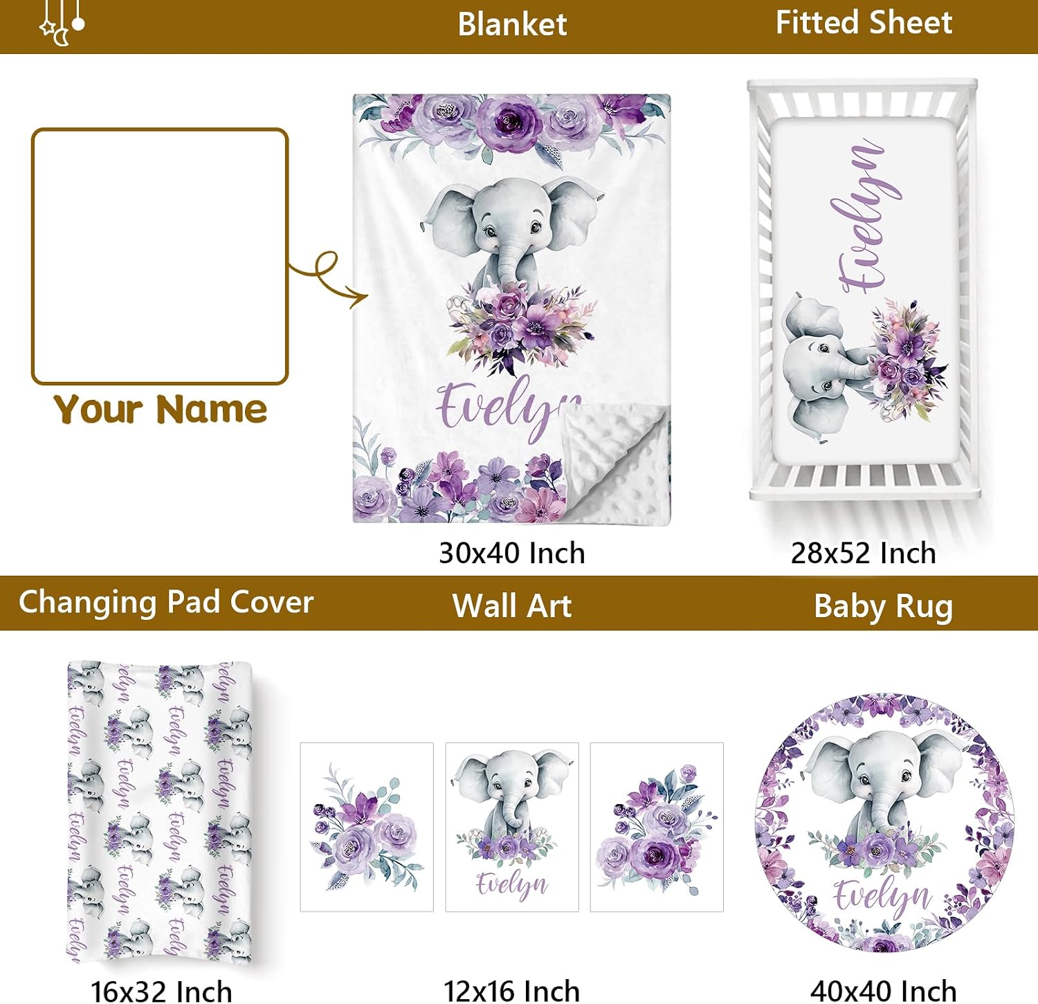 Terwex Personalized Baby Crib Set, 5 Pcs Custom Name Bedding for Girls Boys - Nursery Crib Sets, Soft Toddler Sets for Infant Customized Gifts, Purple Elephant