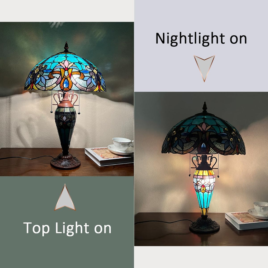 Tiffany Table Lamp with NightLight,16 inch Green Large Stained Glass Table Light,Antique Style 3-Lights Desk Lamp for Living Room Bedroom Office