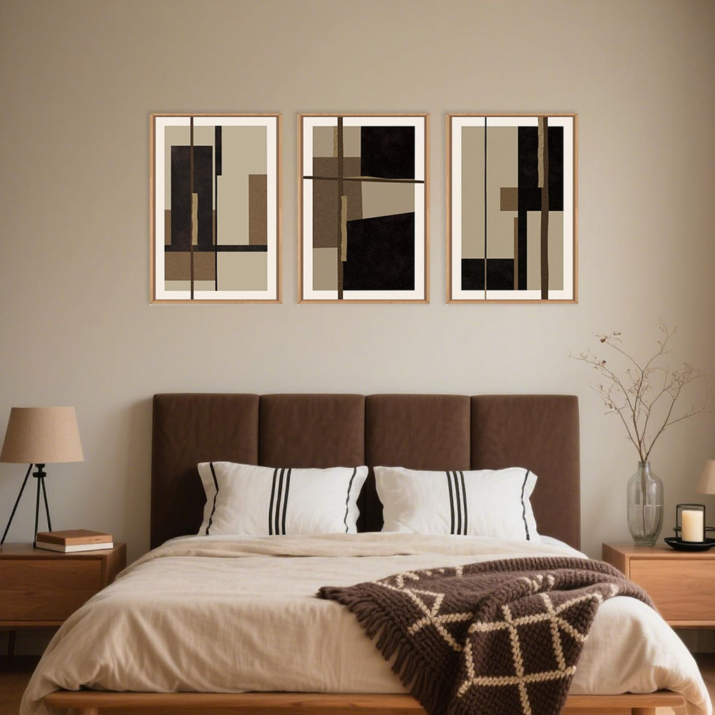 Abstract Shapes Framed Canvas Wall Art Set, Mid-Century Black Polygon Wall Decor, Black Brown Irregular Painting, Neutral Modern Art Print for Living Room, Dining Room, Office - 24'x36'x3