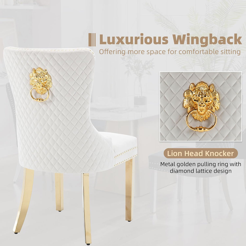 Velvet Dining Chairs Set of 6, Upholstered Dining Room Chairs, Mid-Century Modern Chairs with Diamond Lattice Tufted Back, Lion Pull Ring Rivet Trim, Golden Metal Legs for Kitchen, Beige