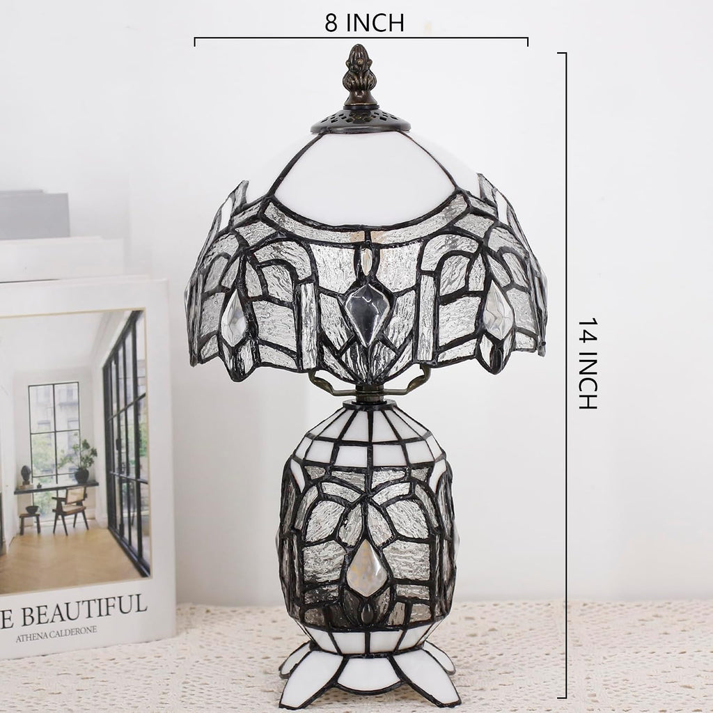 Small Tiffany Lamp Stained Glass Table Lamp Mini Mother Daughter Vase Desk Accent Light for Bedroom Bedside Reading Home Antique Style Decor 8X14 Inches (White)